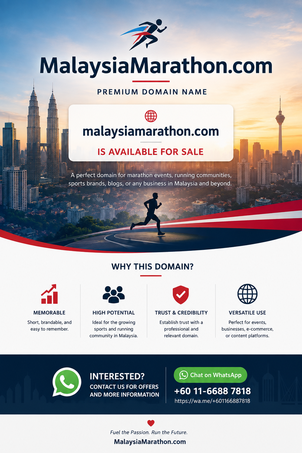 MalaysiaMarathon.com domain sale artwork featuring Kuala Lumpur skyline and running theme